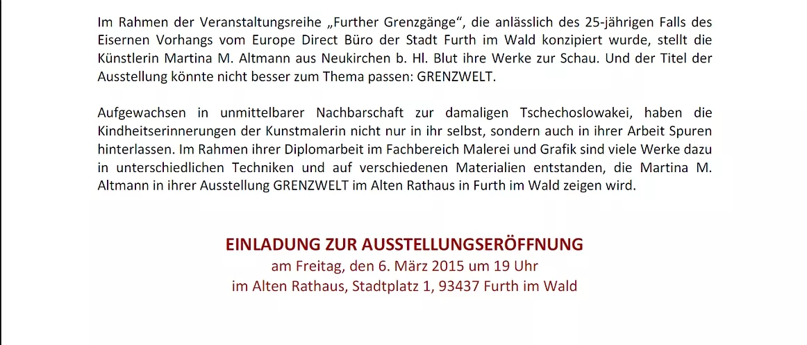 Einladung zur Ausstellung GRENZWELT in Furth im Wald