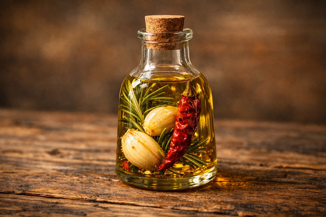 Rosmarin, Knoblauch und Chili mit Olivenöl in einer Flasche