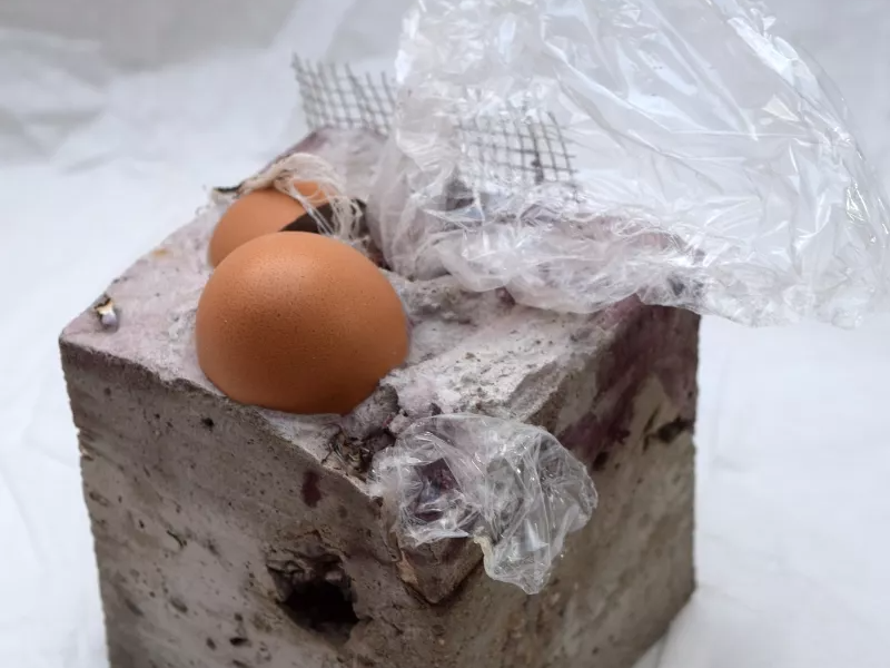 Kunstwerk zum Thema "Frauenrechte" von Martina Maria Altmann: Abstraktes Objekt aus Beton mit Eiern, Metallgitter und Plastik – Ausdruck von Zerbrechlichkeit und Schutz, aber auch Gefangenheit in der MADWare-art Galerie