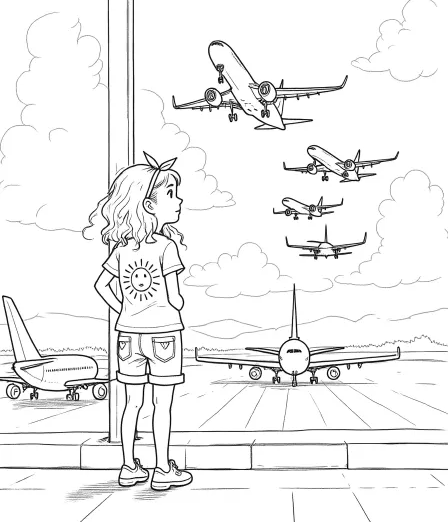 Ausmalbild "Theresia am Flughafen"