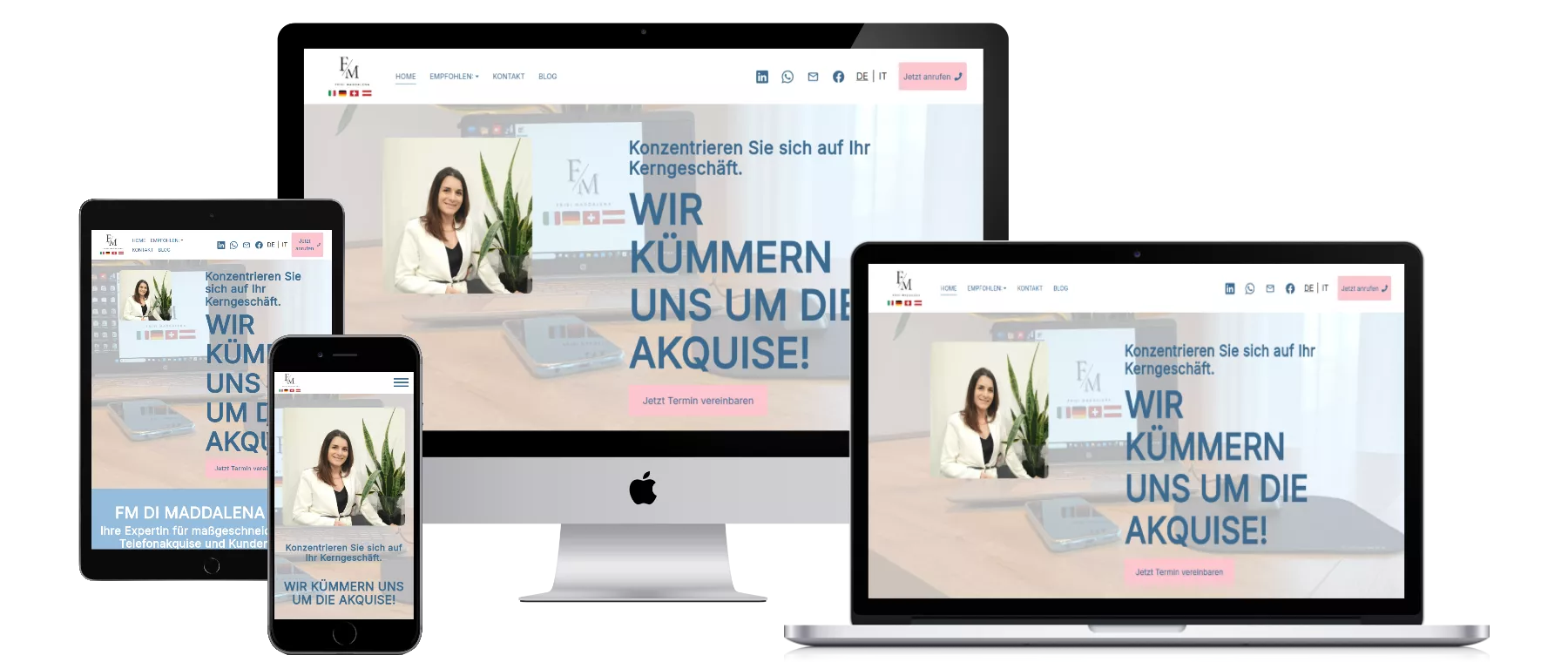 Responsive Website-Darstellung der Startseite von FM DI MADDALENA auf Desktop, Laptop, Tablet und Smartphone – mit dem Slogan „Wir kümmern uns um die Akquise!“ und Call-to-Action „Jetzt Termin vereinbaren“. Beispiel für kundenorientiertes Webdesign mit konsistenter Darstellung über alle Geräte hinweg. fm-akquise.com DE/IT